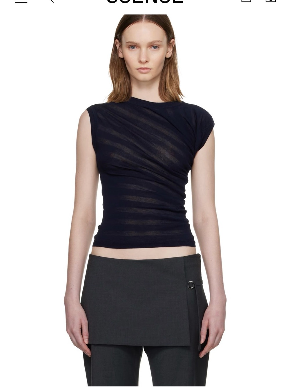 Paloma Wool Navy Sheer Draped Cap-Sleeve Top